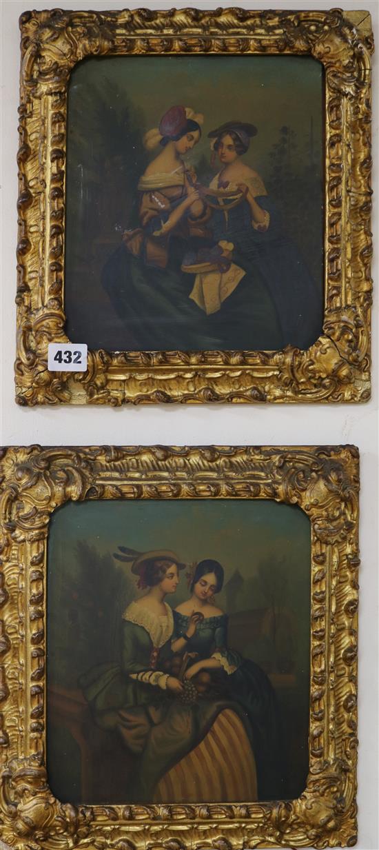 19th century German School Young ladies with fruit and winding silk 9.5 x 8in.